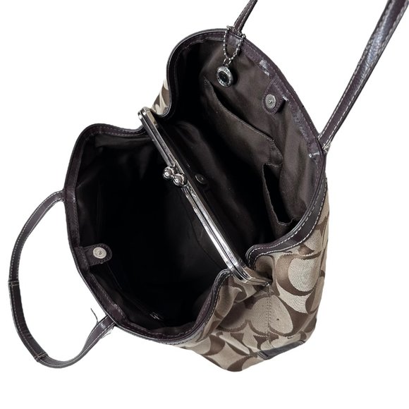 Coach Khaki and Mahogany Stripe Signature Kisslock Carryall Bag F19190 - Picture 13 of 13